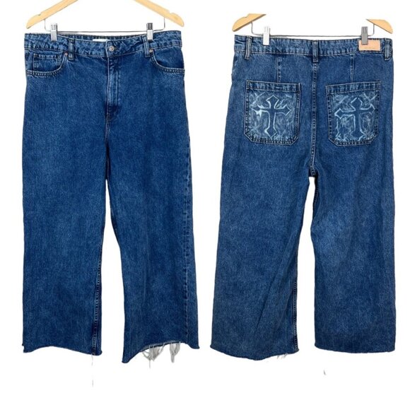 MNG‎ Denim Jeans Womens 14 Blue High Rise Wide Leg Baggy Frayed Hem Cotton Denim - Picture 1 of 15